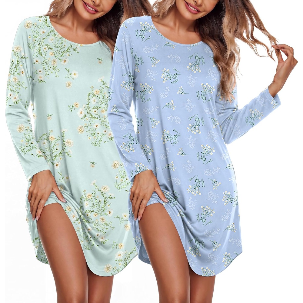 image:imageEkouaer Nightgowns for Women 2 Pack Night Gowns Long Sleeve Sleep ShirtsA Green DaisyLight Blue Floral