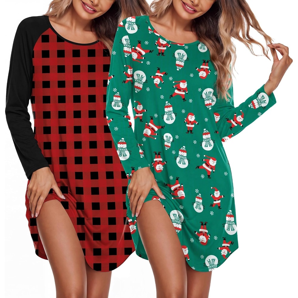 image:imageEkouaer Nightgowns for Women 2 Pack Night Gowns Long Sleeve Sleep ShirtsRed Black PlaidChristmas Santa