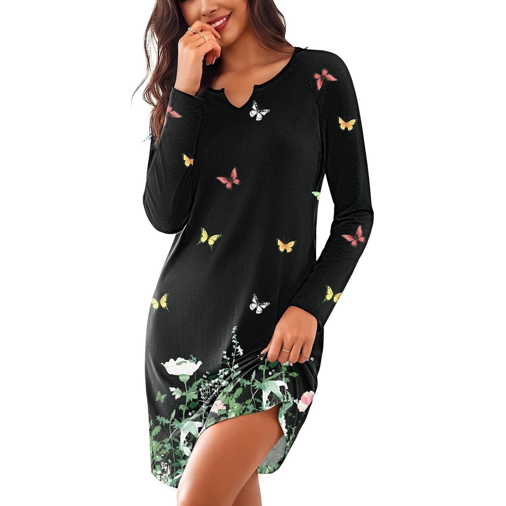 image:imageEkouaer Nightgowns for Women Long Sleeve Night Gown Pullover Sleep DressButterfly