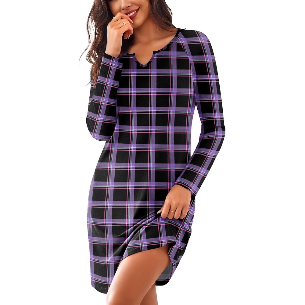 image:imageEkouaer Nightgowns for Women Long Sleeve Night Gown Pullover Sleep DressPurple Plaid