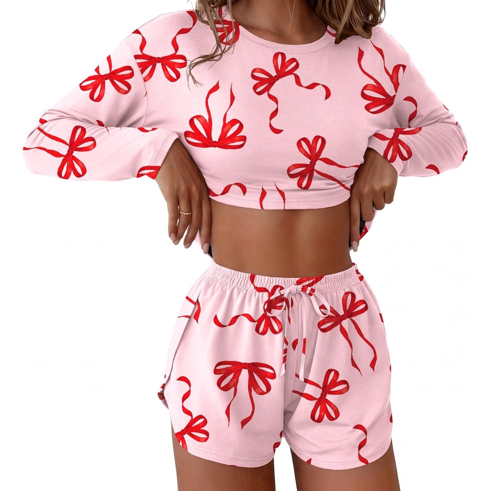 image:imageEkouaer Pajama Sets Sexy Lounge Sets Long Sleeve and Side Split Shorts PjsBig Red Bows