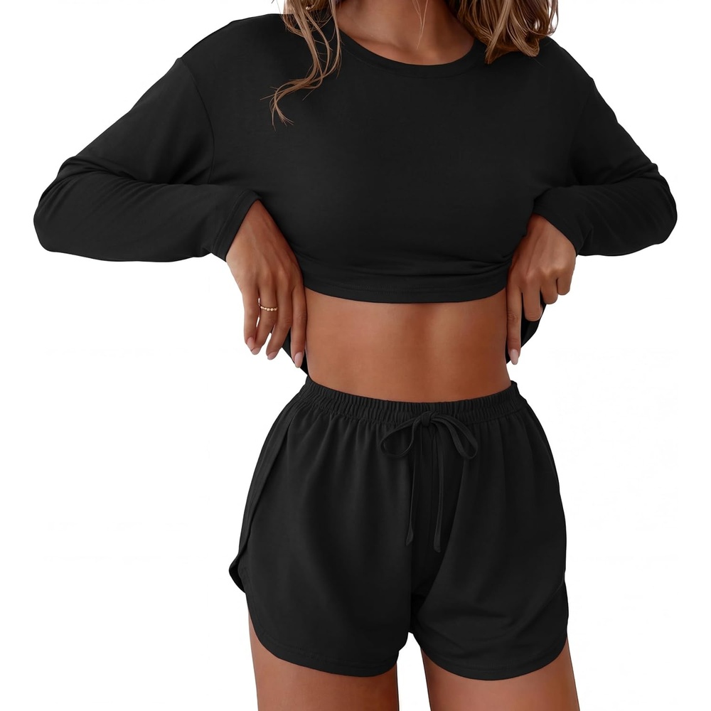 image:imageEkouaer Pajama Sets Sexy Lounge Sets Long Sleeve and Side Split Shorts PjsBlack