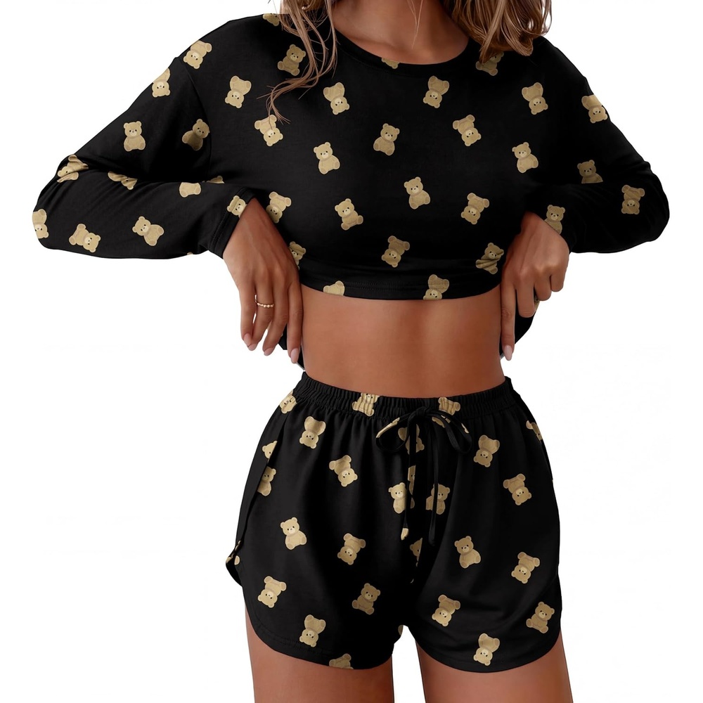 image:imageEkouaer Pajama Sets Sexy Lounge Sets Long Sleeve and Side Split Shorts PjsBlack Teddy Bear