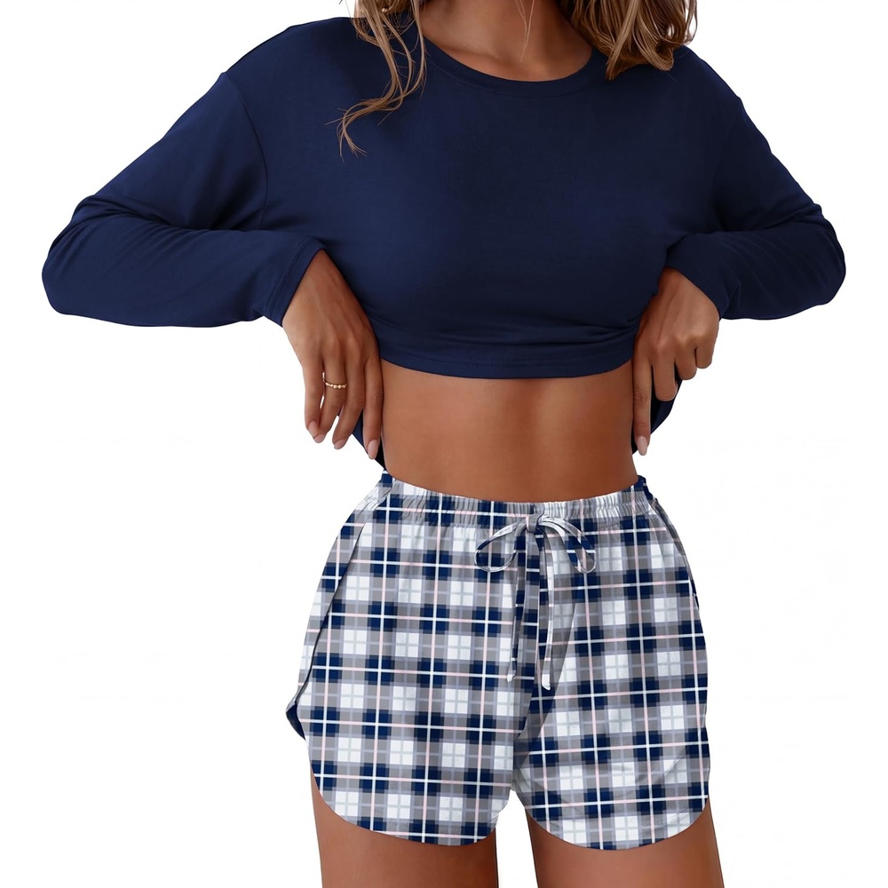 image:imageEkouaer Pajama Sets Sexy Lounge Sets Long Sleeve and Side Split Shorts PjsBlue Plaid