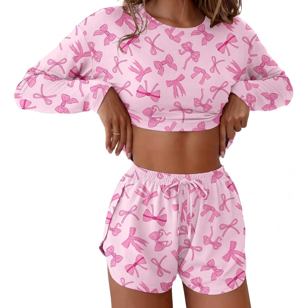 image:imageEkouaer Pajama Sets Sexy Lounge Sets Long Sleeve and Side Split Shorts PjsDifferent Pink Bows