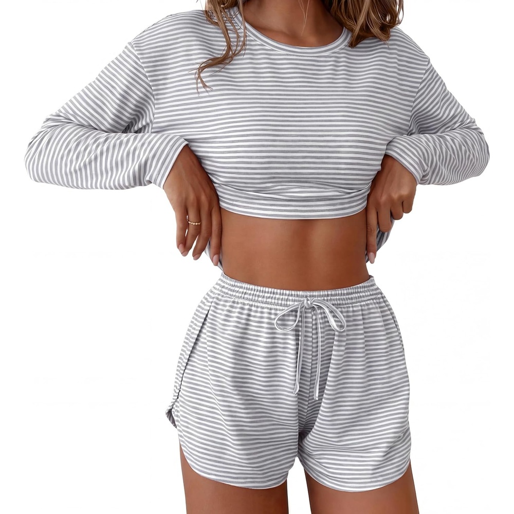 image:imageEkouaer Pajama Sets Sexy Lounge Sets Long Sleeve and Side Split Shorts PjsGreywhite Stripes