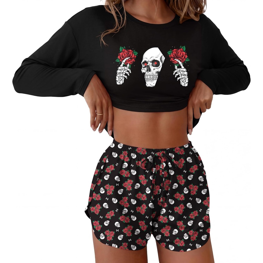 image:imageEkouaer Pajama Sets Sexy Lounge Sets Long Sleeve and Side Split Shorts PjsHalloween Skull Rose