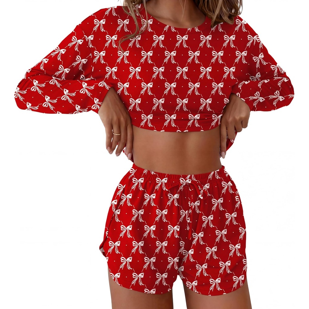 image:imageEkouaer Pajama Sets Sexy Lounge Sets Long Sleeve and Side Split Shorts PjsLittle Red Bow
