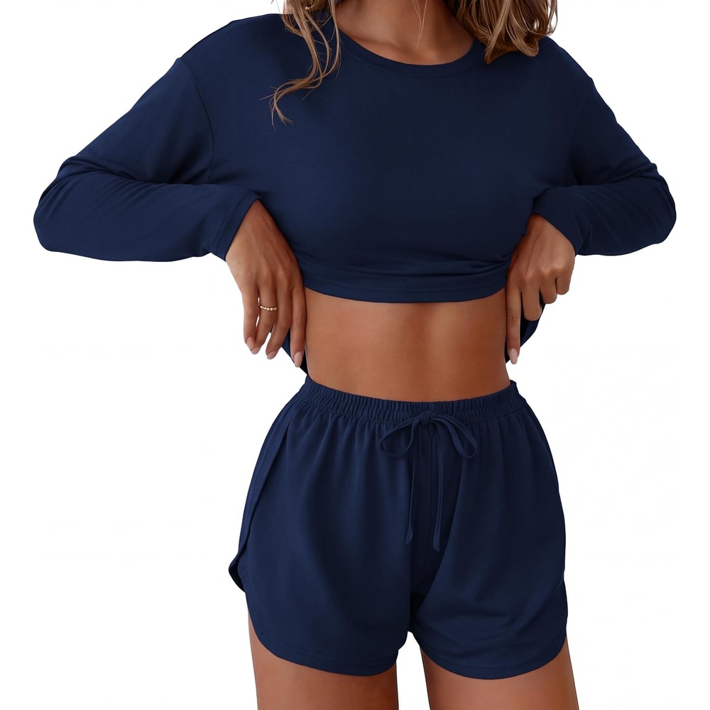 image:imageEkouaer Pajama Sets Sexy Lounge Sets Long Sleeve and Side Split Shorts PjsNavy Blue