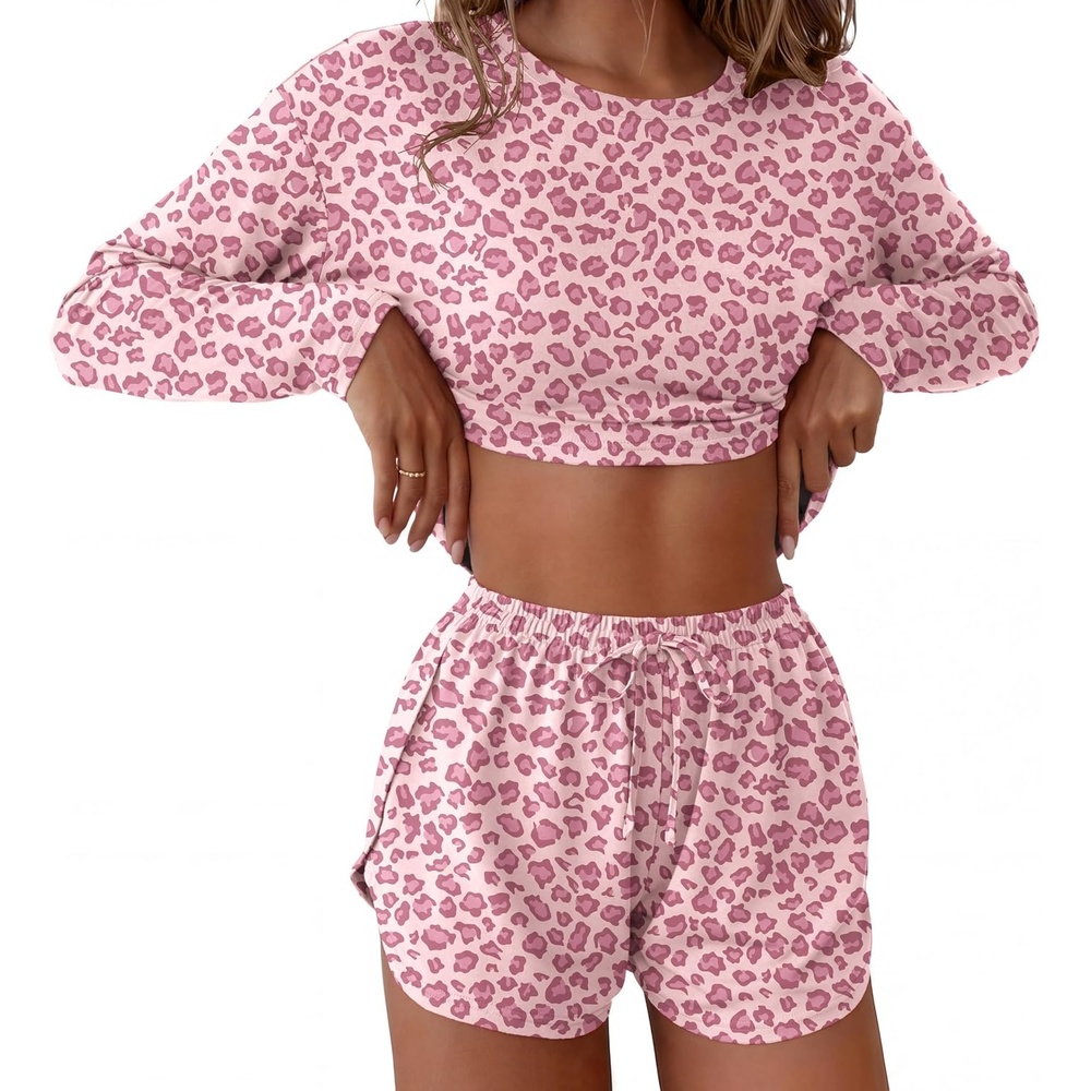 image:imageEkouaer Pajama Sets Sexy Lounge Sets Long Sleeve and Side Split Shorts PjsPink Leopard