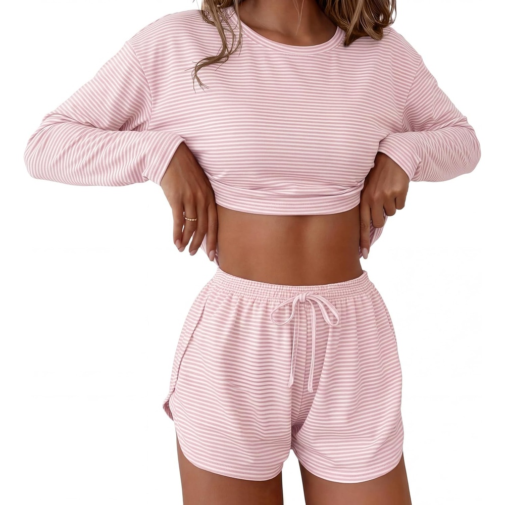 image:imageEkouaer Pajama Sets Sexy Lounge Sets Long Sleeve and Side Split Shorts PjsPink and White Stripes