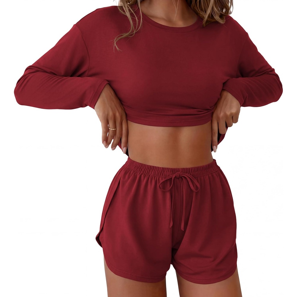 image:imageEkouaer Pajama Sets Sexy Lounge Sets Long Sleeve and Side Split Shorts PjsWine Red