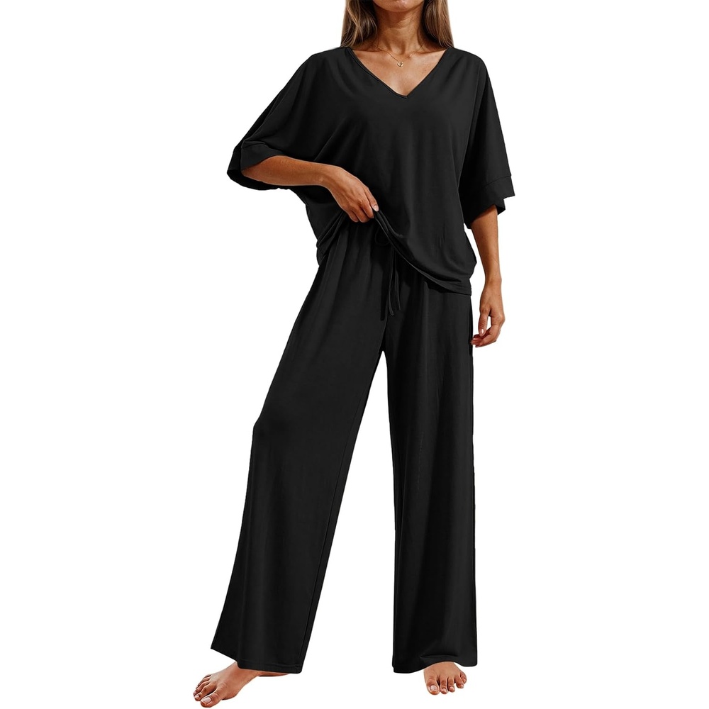 image:imageEkouaer Pajama Sets Womens 2 Piece Short Sleeve Long Pants Pjs Lounge SetBlack
