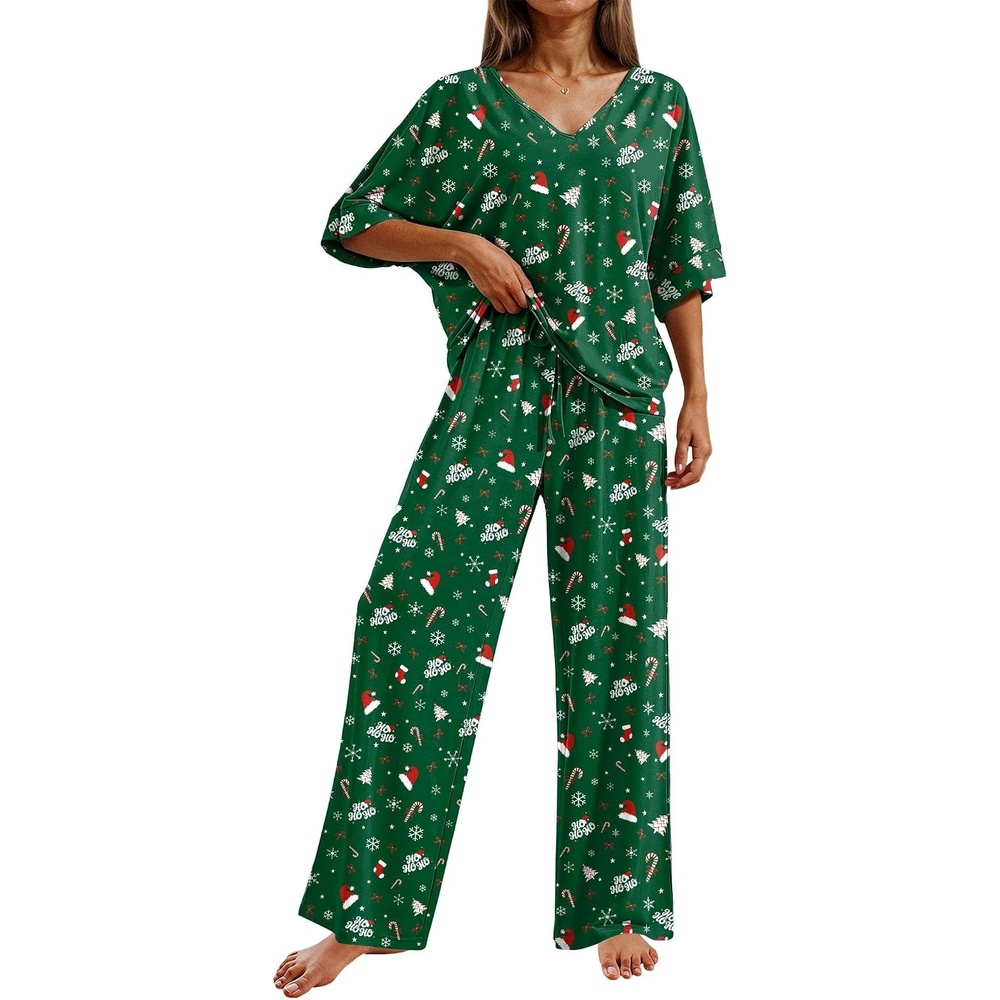 image:imageEkouaer Pajama Sets Womens 2 Piece Short Sleeve Long Pants Pjs Lounge SetChristmas Green