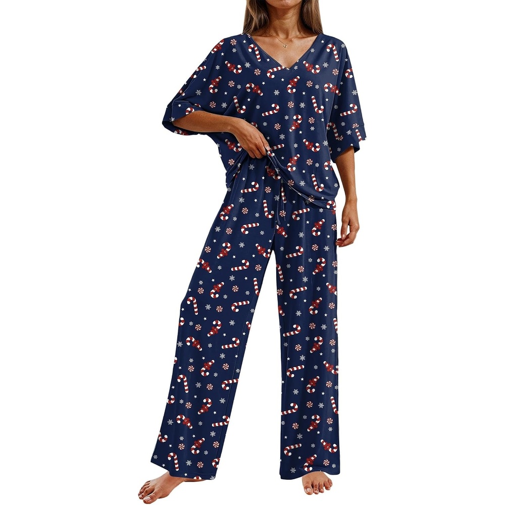 image:imageEkouaer Pajama Sets Womens 2 Piece Short Sleeve Long Pants Pjs Lounge SetChristmas Navy
