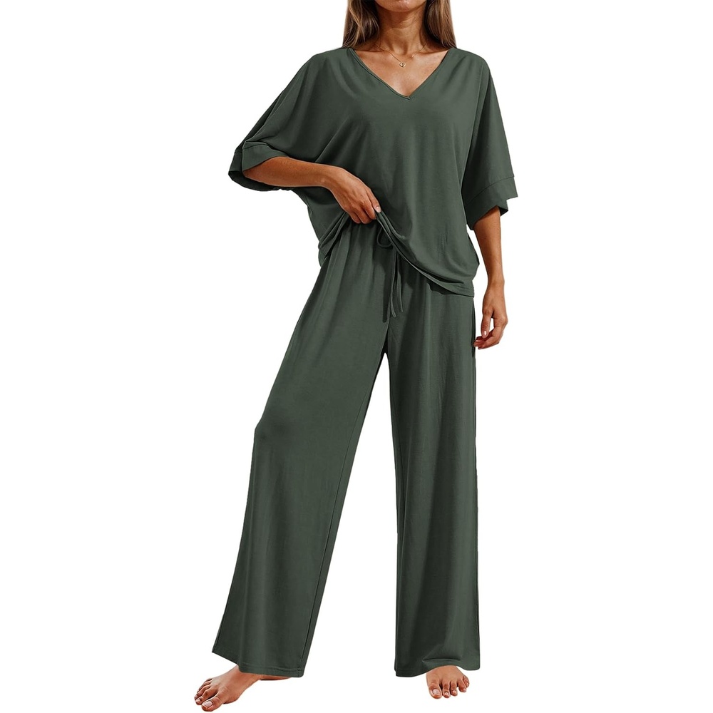image:imageEkouaer Pajama Sets Womens 2 Piece Short Sleeve Long Pants Pjs Lounge SetDeep Army Green