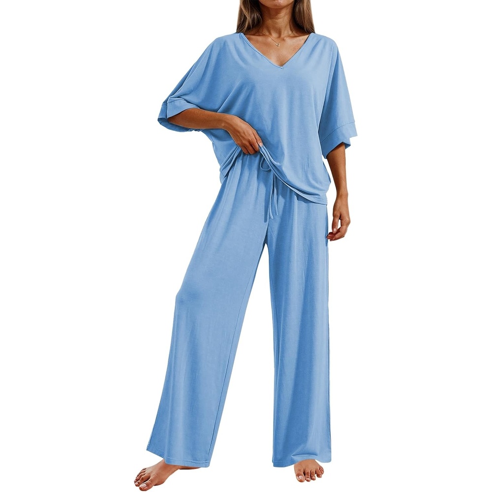 image:imageEkouaer Pajama Sets Womens 2 Piece Short Sleeve Long Pants Pjs Lounge SetLight Blue