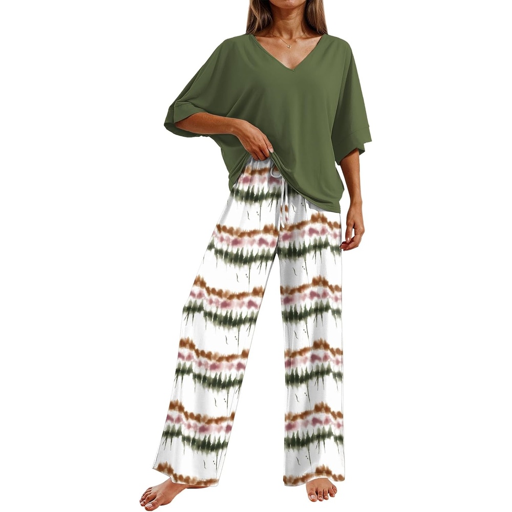 image:imageEkouaer Pajama Sets Womens 2 Piece Short Sleeve Long Pants Pjs Lounge SetOmbre Green