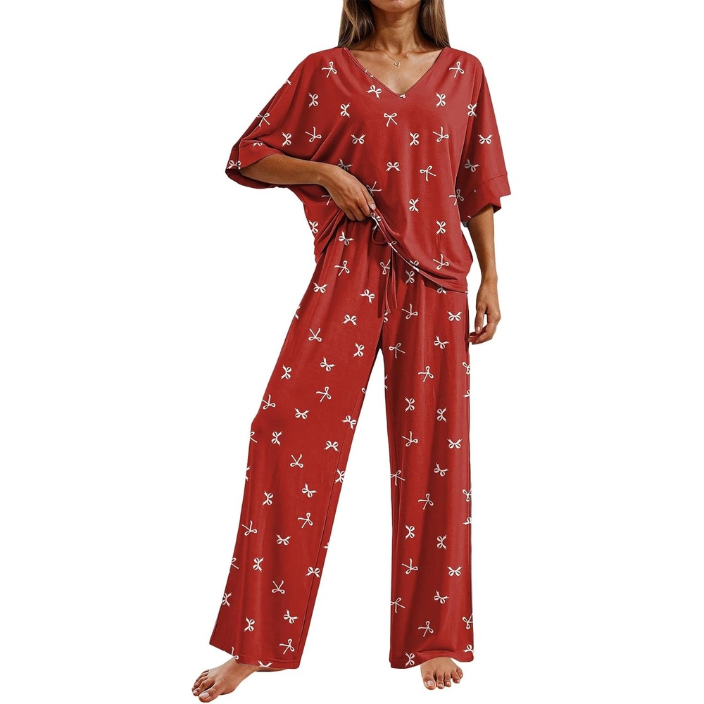 image:imageEkouaer Pajama Sets Womens 2 Piece Short Sleeve Long Pants Pjs Lounge SetRed Bow Knot