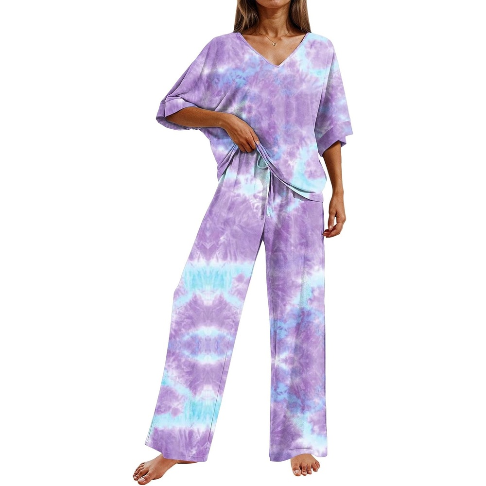 image:imageEkouaer Pajama Sets Womens 2 Piece Short Sleeve Long Pants Pjs Lounge SetTie Dye Purple