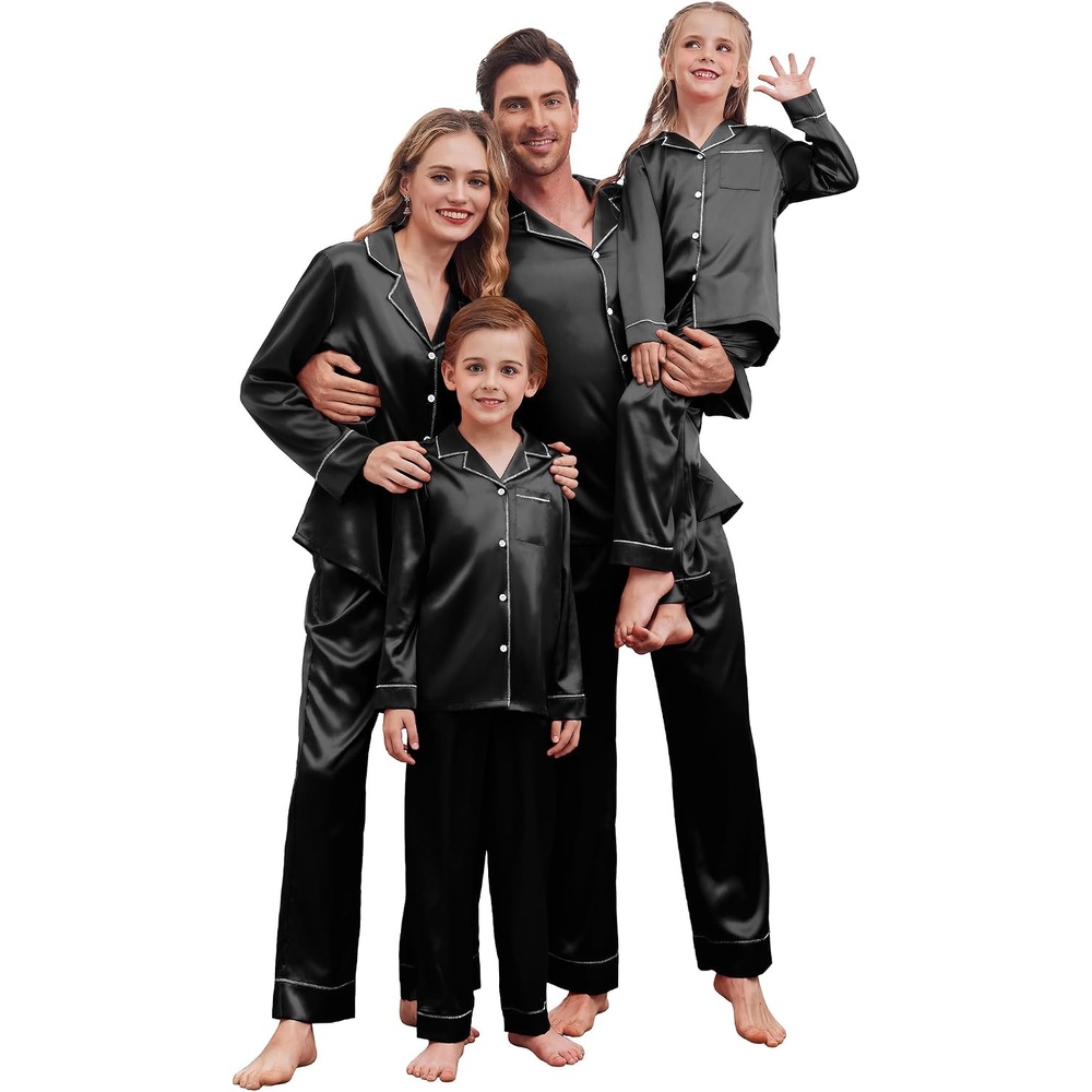 image:imageEkouaer Pajamas for Family Satin Long Sleeve Pjs Button Down Lounge SetBlack