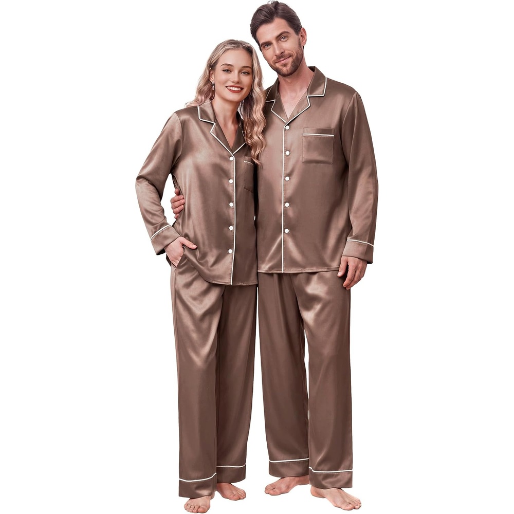 image:imageEkouaer Pajamas for Family Satin Long Sleeve Pjs Button Down Lounge SetBrown