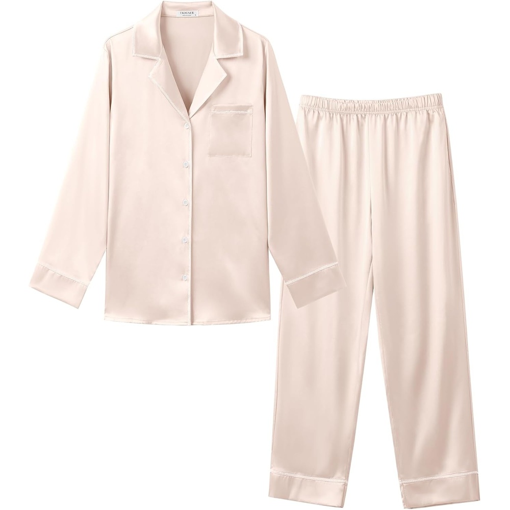 image:imageEkouaer Pajamas for Family Satin Long Sleeve Pjs Button Down Lounge SetChampagne