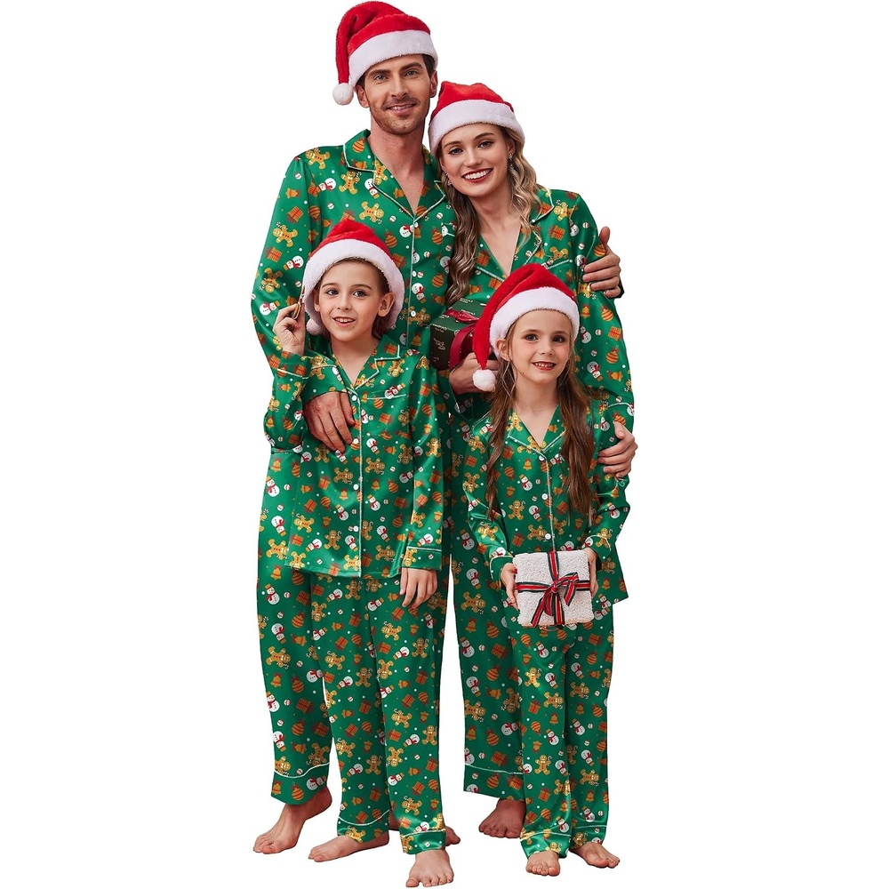 image:imageEkouaer Pajamas for Family Satin Long Sleeve Pjs Button Down Lounge SetGreen Christmas Gingerbread