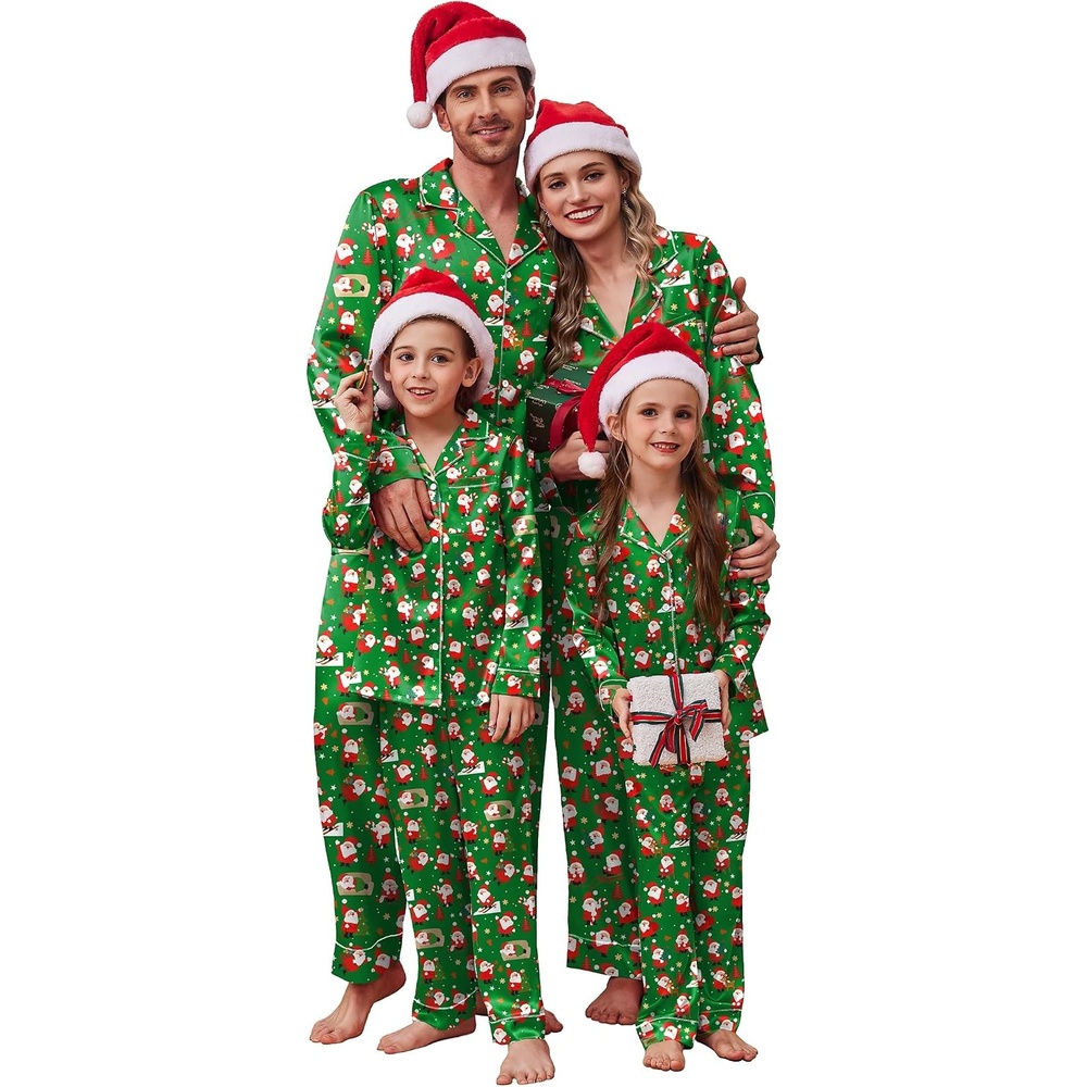 image:imageEkouaer Pajamas for Family Satin Long Sleeve Pjs Button Down Lounge SetGreen Christmas Santa