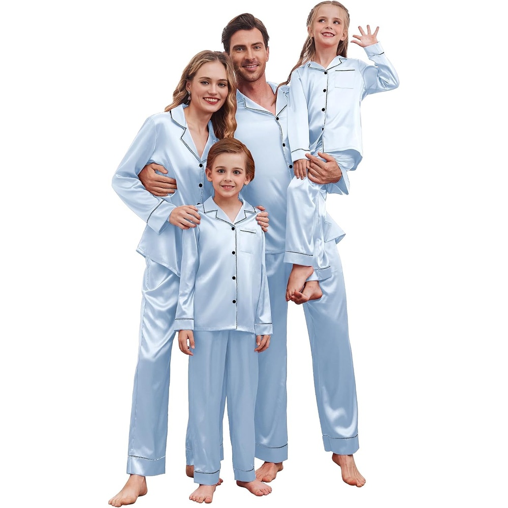 image:imageEkouaer Pajamas for Family Satin Long Sleeve Pjs Button Down Lounge SetLight Blue