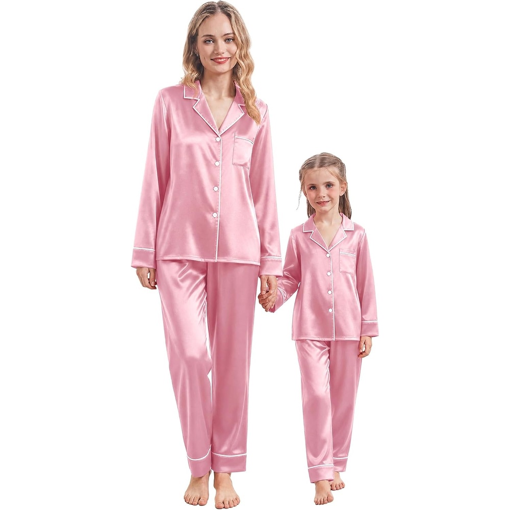 image:imageEkouaer Pajamas for Family Satin Long Sleeve Pjs Button Down Lounge SetPink