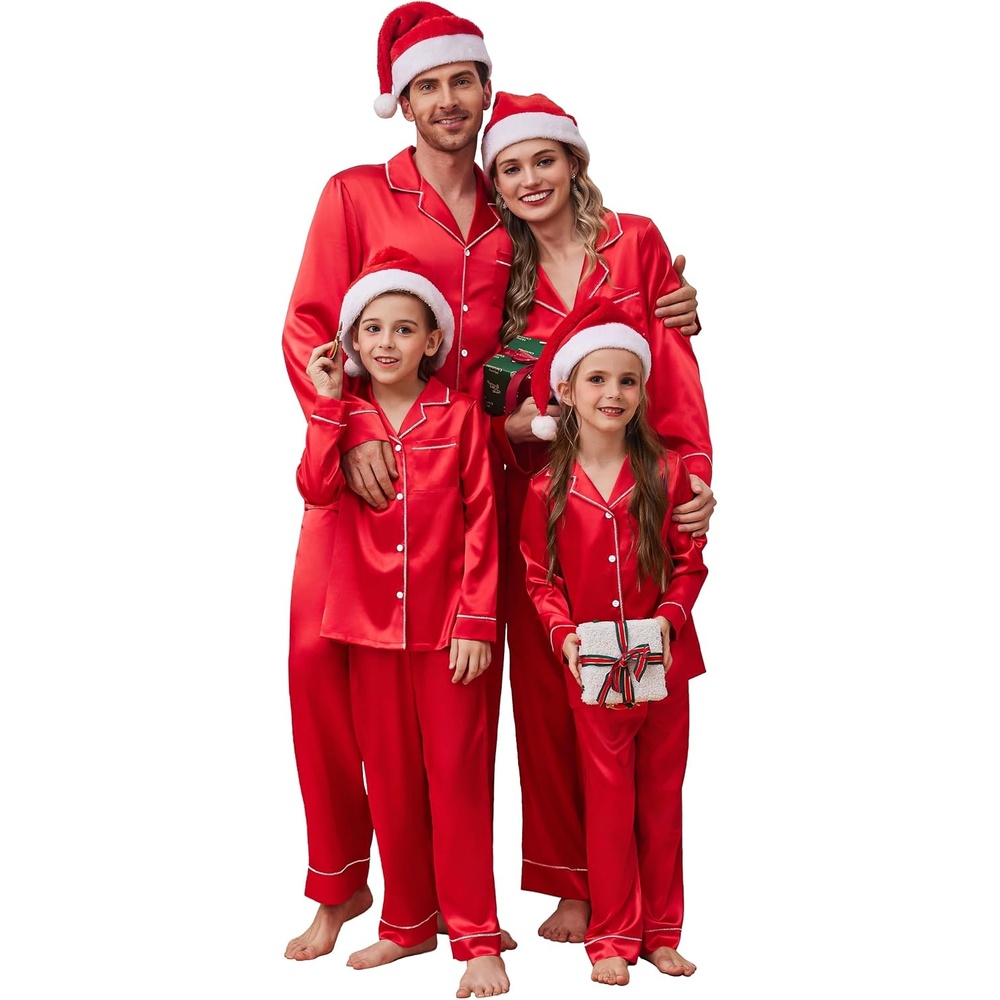 image:imageEkouaer Pajamas for Family Satin Long Sleeve Pjs Button Down Lounge SetRed