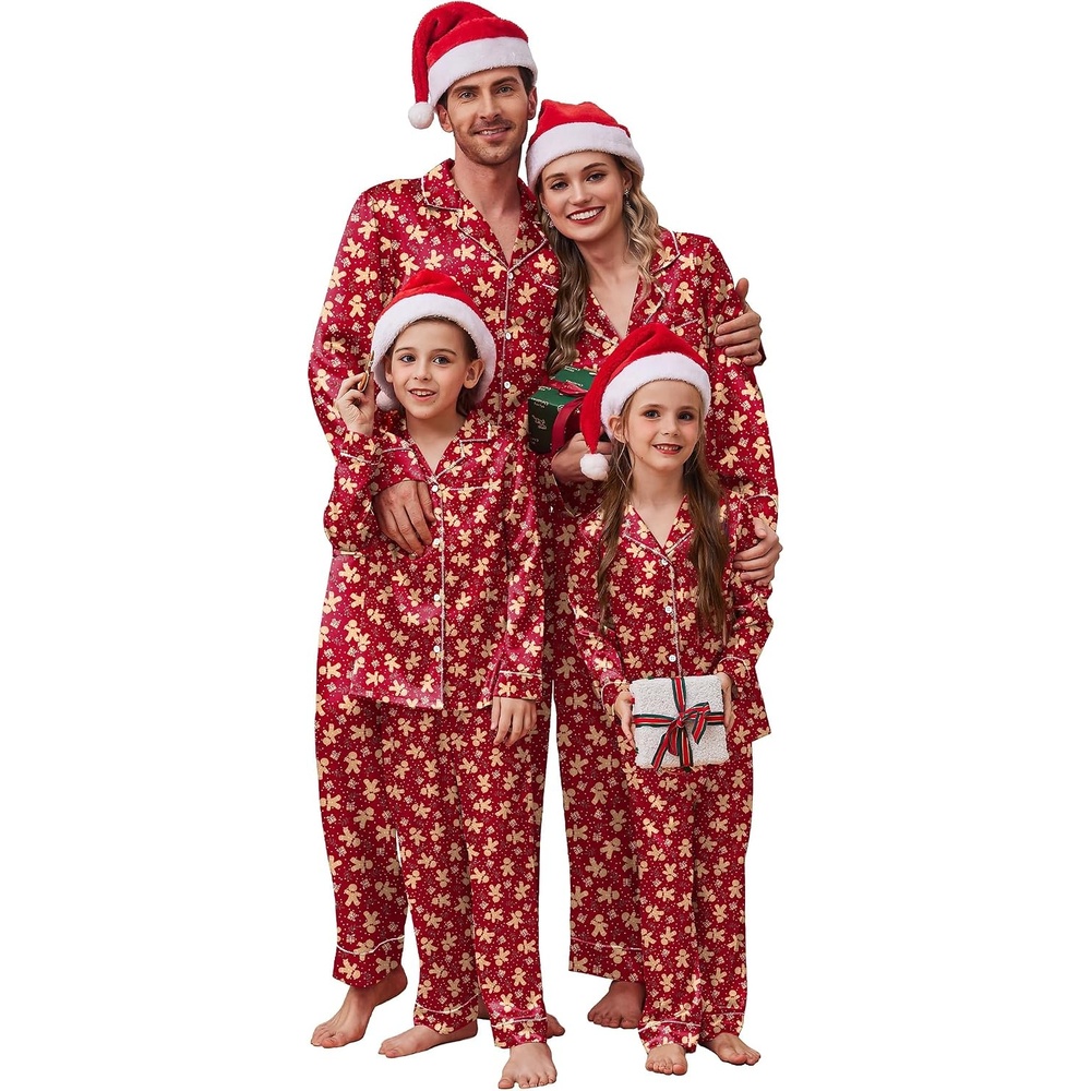 image:imageEkouaer Pajamas for Family Satin Long Sleeve Pjs Button Down Lounge SetRed Christmas Gingerbread