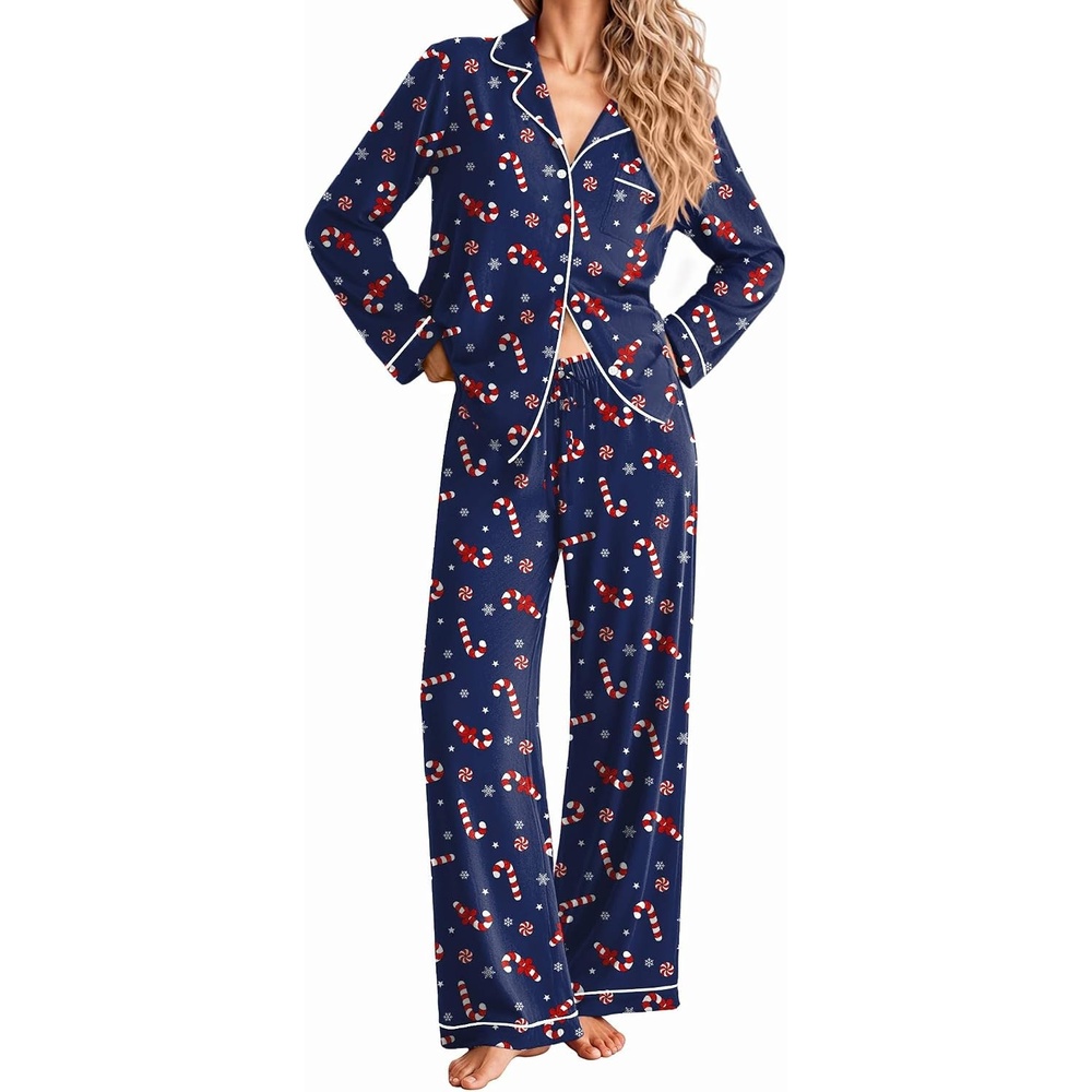 image:imageEkouaer Women Christmas Pajama Long Sleeve Button Up Loungewear Striped PjsChristmas Navy Candy Canes