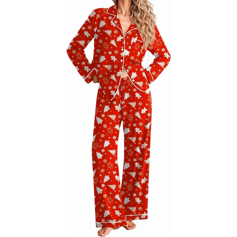image:imageEkouaer Women Christmas Pajama Long Sleeve Button Up Loungewear Striped PjsChristmas Red Tree
