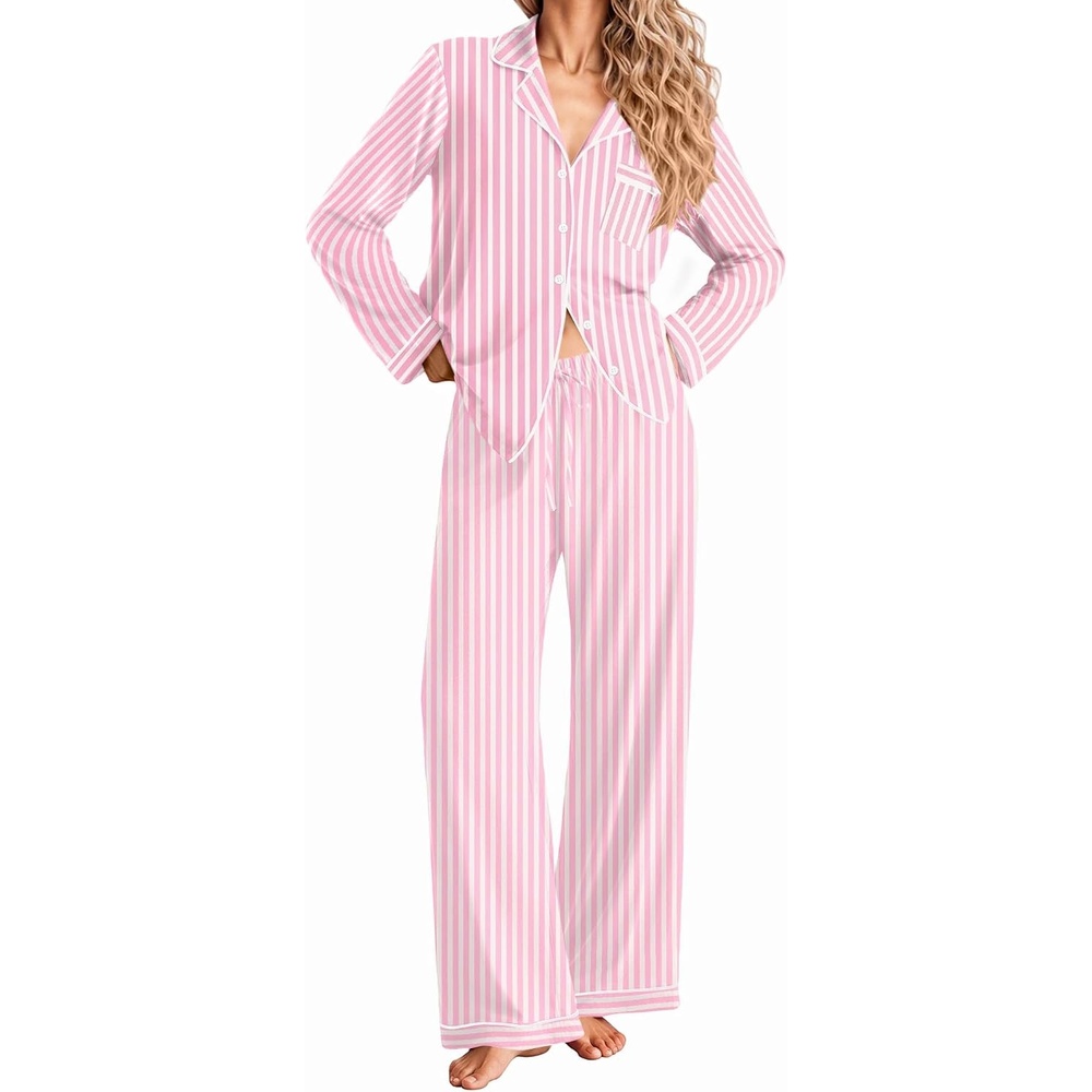 image:imageEkouaer Women Christmas Pajama Long Sleeve Button Up Loungewear Striped PjsStripe Pink