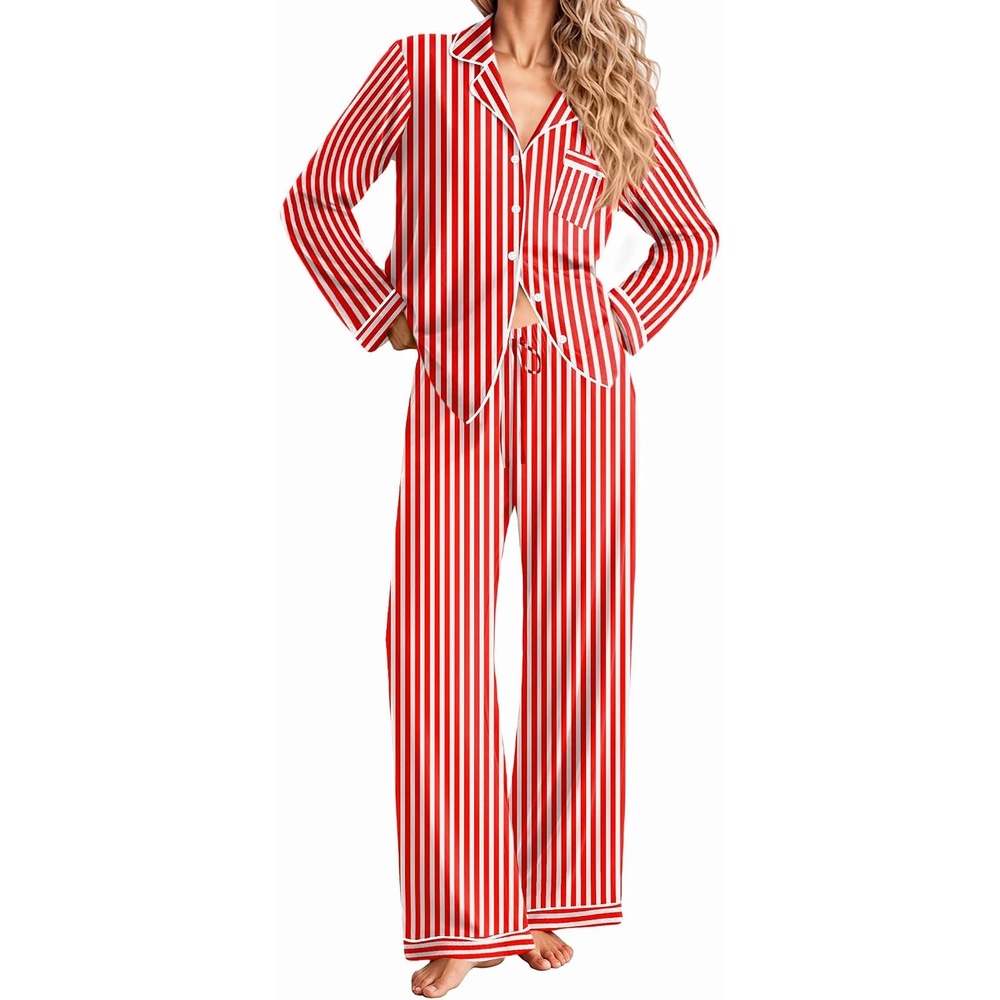 image:imageEkouaer Women Christmas Pajama Long Sleeve Button Up Loungewear Striped PjsStripe Red