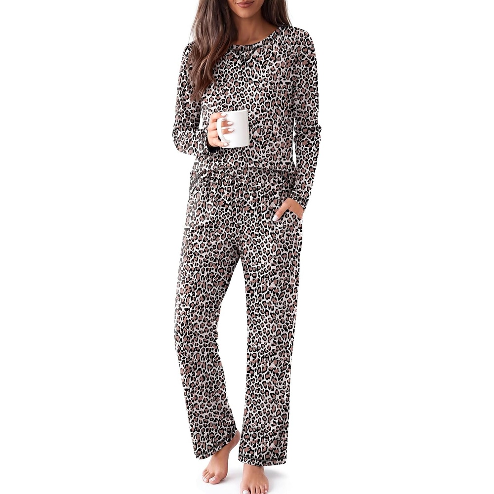 image:imageEkouaer Women Pajama Sets 100 Cotton Pj Sets Comfy Long Sleeve Lounge SetApricot Black Leopard