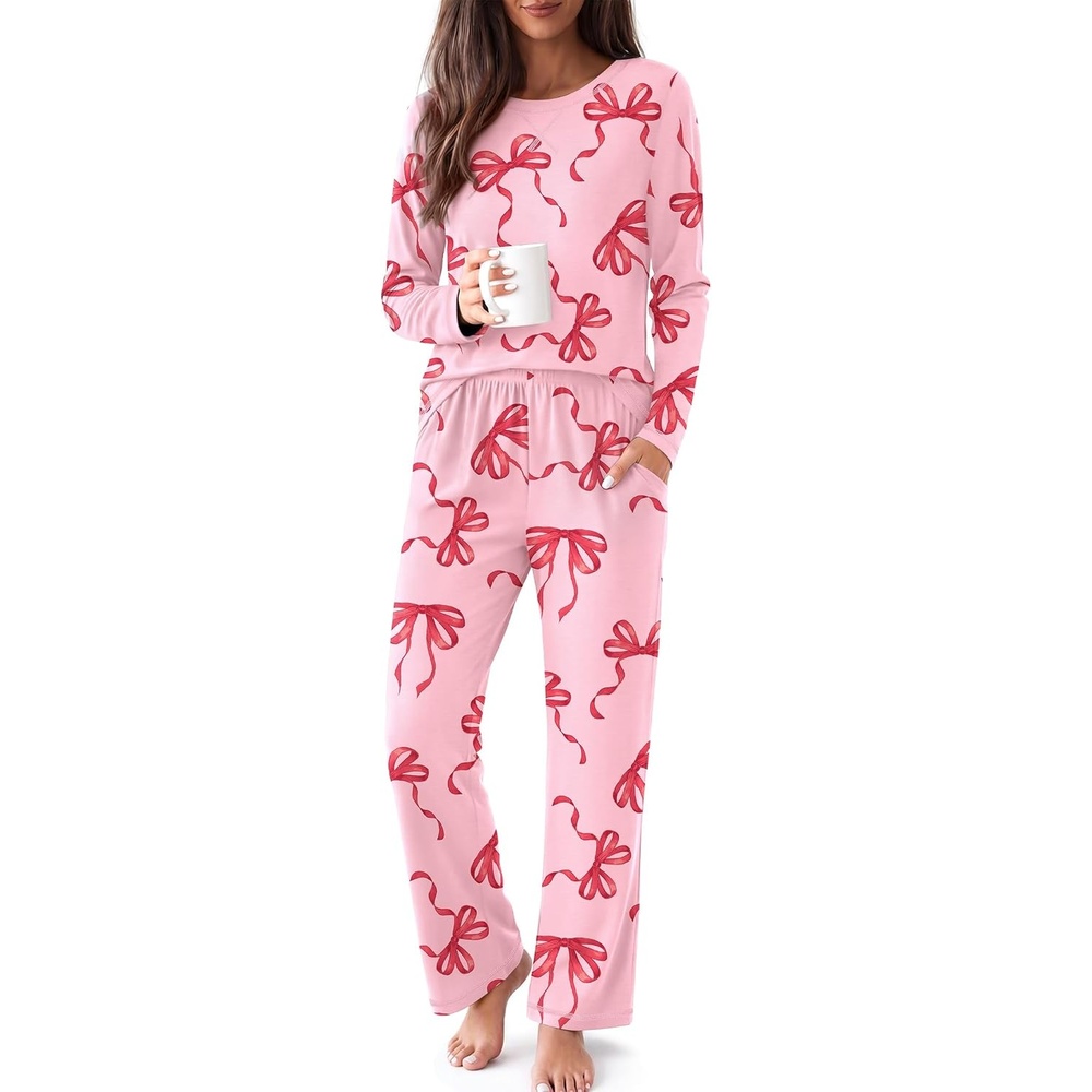 image:imageEkouaer Women Pajama Sets 100 Cotton Pj Sets Comfy Long Sleeve Lounge SetBig Red Bow