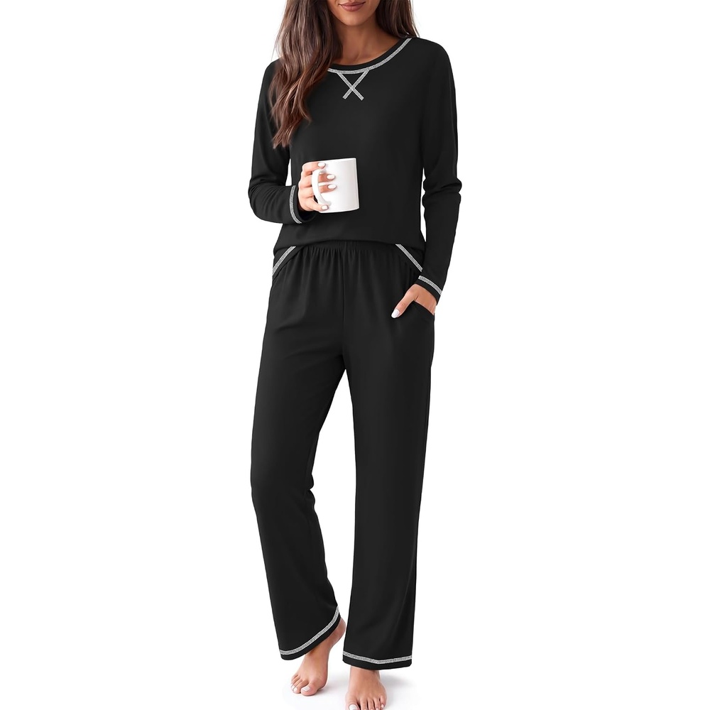 image:imageEkouaer Women Pajama Sets 100 Cotton Pj Sets Comfy Long Sleeve Lounge SetBlack
