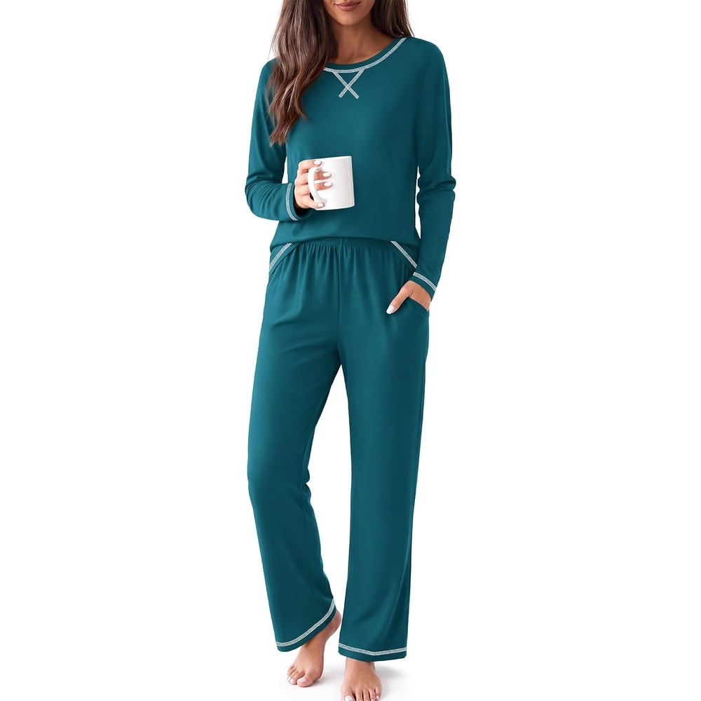 image:imageEkouaer Women Pajama Sets 100 Cotton Pj Sets Comfy Long Sleeve Lounge SetBlue Green