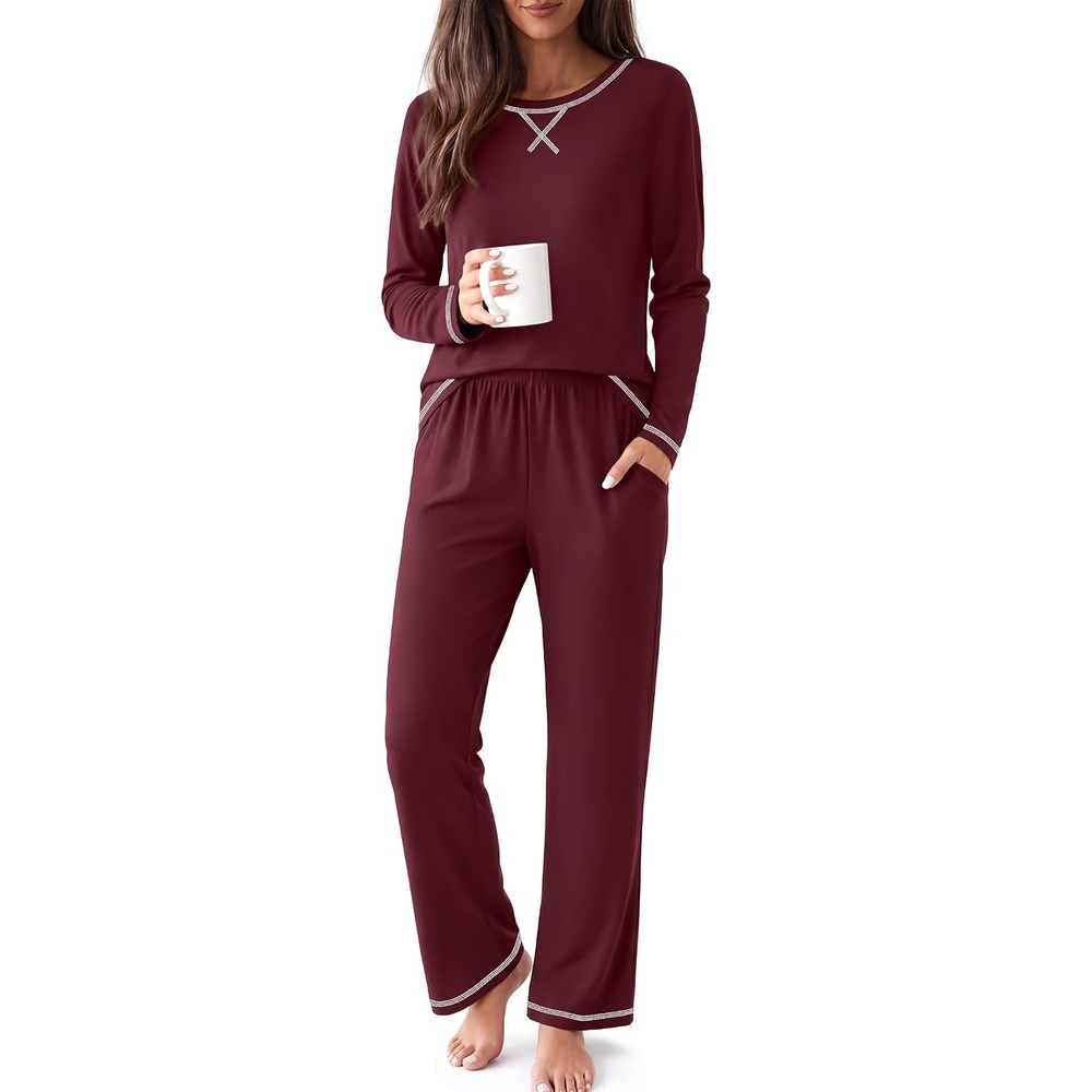 image:imageEkouaer Women Pajama Sets 100 Cotton Pj Sets Comfy Long Sleeve Lounge SetDark Red