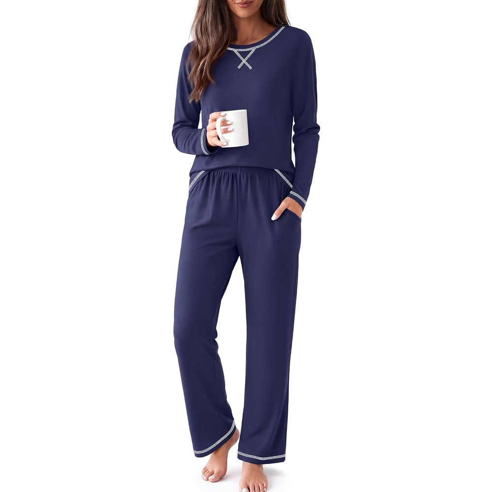 image:imageEkouaer Women Pajama Sets 100 Cotton Pj Sets Comfy Long Sleeve Lounge SetNavy Blue