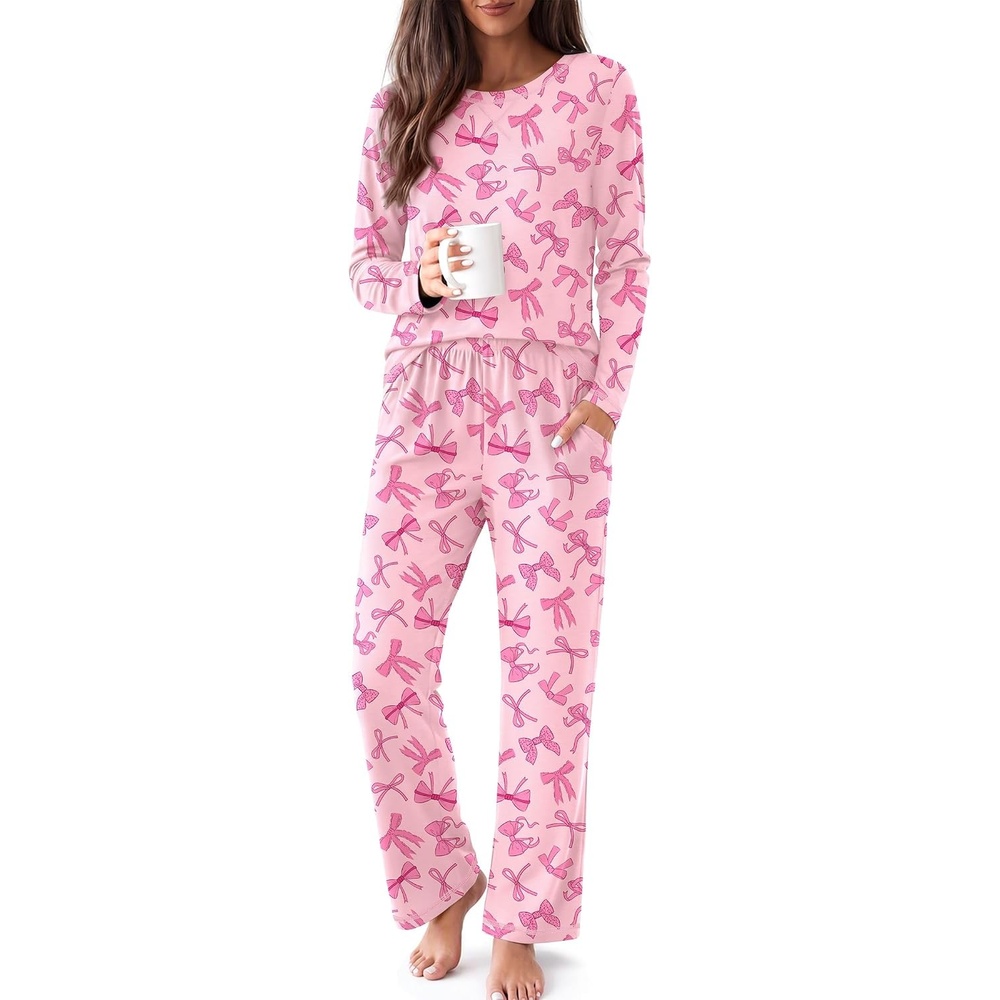 image:imageEkouaer Women Pajama Sets 100 Cotton Pj Sets Comfy Long Sleeve Lounge SetPink Bow