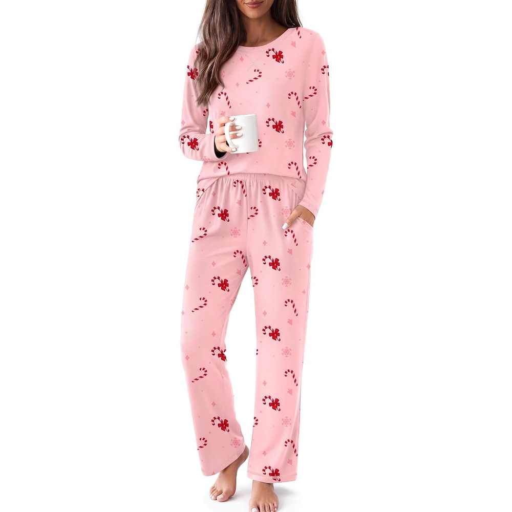 image:imageEkouaer Women Pajama Sets 100 Cotton Pj Sets Comfy Long Sleeve Lounge SetPink Candy Cane