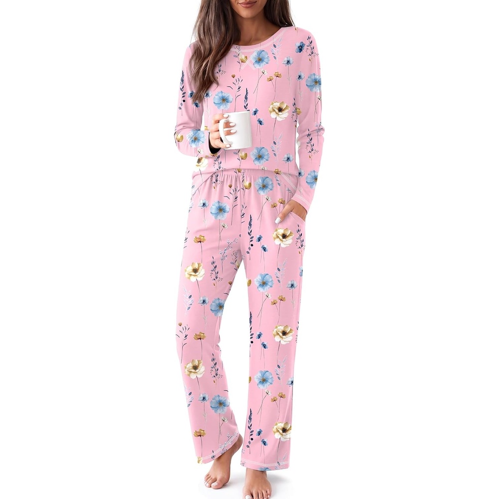 image:imageEkouaer Women Pajama Sets 100 Cotton Pj Sets Comfy Long Sleeve Lounge SetPink Floral