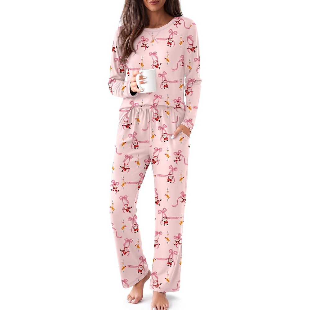 image:imageEkouaer Women Pajama Sets 100 Cotton Pj Sets Comfy Long Sleeve Lounge SetPink Santa Claus
