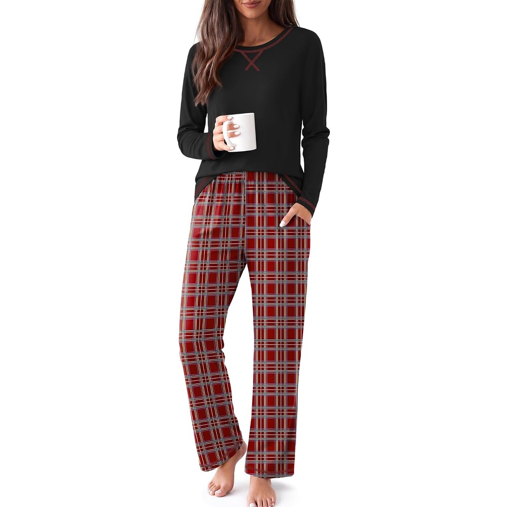 image:imageEkouaer Women Pajama Sets 100 Cotton Pj Sets Comfy Long Sleeve Lounge SetRed Plaid