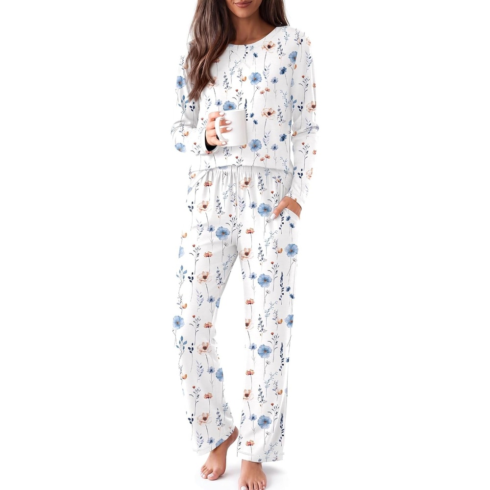 image:imageEkouaer Women Pajama Sets 100 Cotton Pj Sets Comfy Long Sleeve Lounge SetWhite Floral