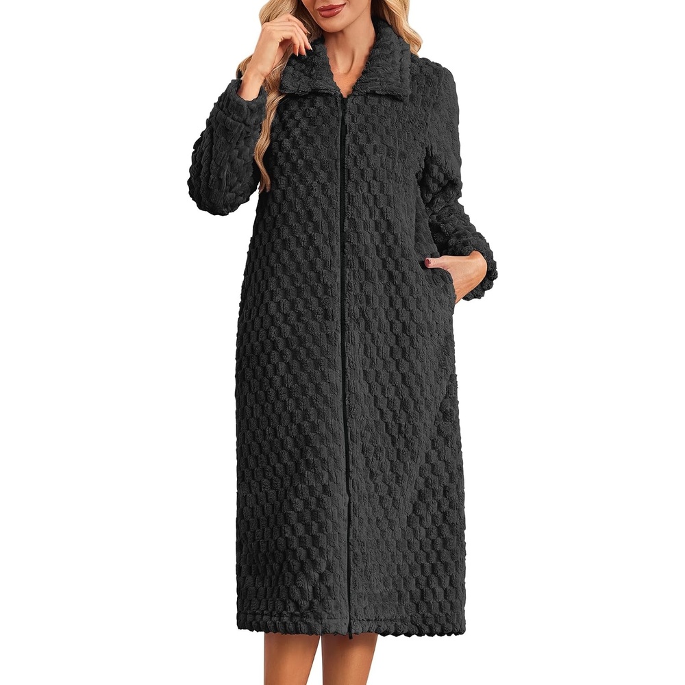 image:imageEkouaer Womens Fluffy Zipper Robes Warm Fleece Housecoat Soft Cozy BathrobeBlack